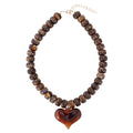 Chunky Colorful Beaded Statement Boho Summer Beach Chokers Necklace Heart Pendant Pink Green Yellow Brown Fashion Jewelry - color: brown3