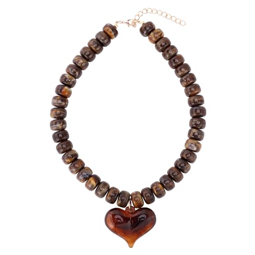 Chunky Colorful Beaded Statement Boho Summer Beach Chokers Necklace Heart Pendant Pink Green Yellow Brown Fashion Jewelry - color: brown3