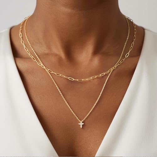 Turandoss Gold Cross Necklace for Women Girls Jewelry Gifts, Dainty 14K Gold Plated Cross Necklace Infinity CZ Holy Mary Medal Necklaces for Women Baptism Religious Faith Jewelry First Communion Gifts - color: layered cz cross necklace