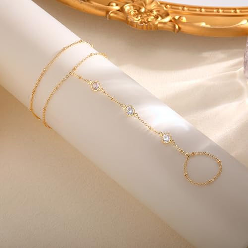 CHESKY 14k Gold Plated Hand Chain Bracelet for Women Trendy, Dainty Ring Bracelets Hand Chain Finger Nail Bracelet Simple Gold Hand Jewelry for Women Gifts - style: CZ