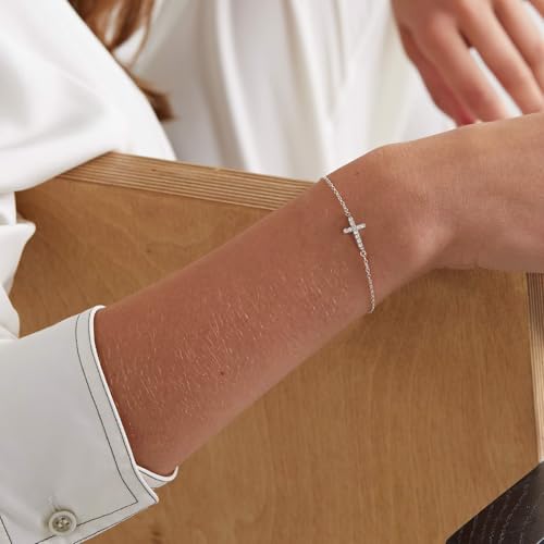 Tewiky Waterproof Gold Bracelets for Women Non Tarnish - Dainty Stack 14K Gold Plated/Sterling Silver Chain Bracelets Set Adjustable Trendy Jewelry for Women - style: silver CZ cross bracelet