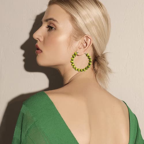 Handmade Nature Wooden Beaded Hoop Earrings Bohemian Minimalist Colorful Circle Round Wood Bead Earrings Vintage Chic Wooden Ethnic Dangle Drop Earrings for Women Statement Jewelry Gifts - color: Olive green