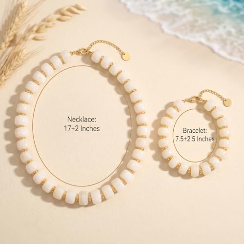 Gmai Chunky Bead Necklace and Bracelet Set for Women Boho Big Bead Statement Necklace Adjustable Fashion Trendy Summer Necklaces Jewelry Gift Set - color: white 2pcs set