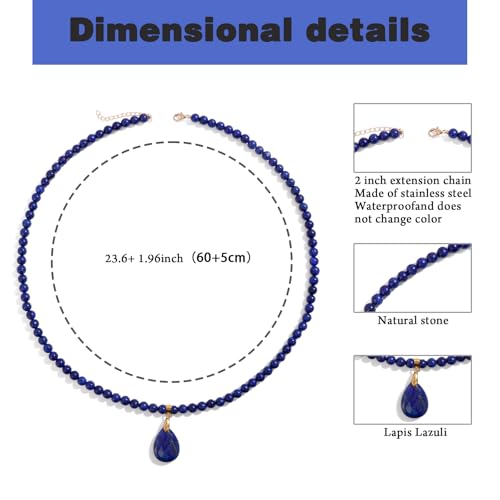 Healing Crystal Necklaces for Women Trendy Natural Stone Beaded Long Pendant Necklaces for Womens Handmade Bohemian Fashion Necklace Jewelry Gift - color: Lapis Lazuli