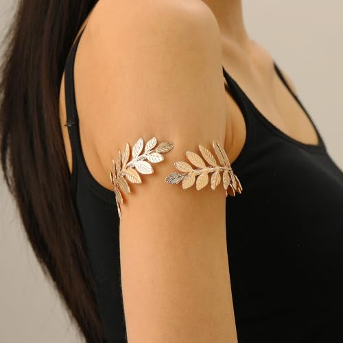 Arm Cuff Layered Bracelet Adjustable Leaf Flower Starfish Upper Arm Cuff Bangle Jewelry Gold Plated Bracelet Ring Set for Women Boho Summer Beach Essentials - color: Gold-Leaf