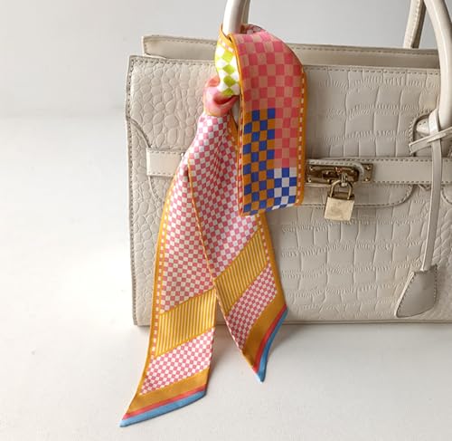 JERLA 100% Mulberry silk Scarf bag scarf Head Hair Ribbon Handbag Handle wrap Tie Bundle Neckerchief Scarf for women - color: Plaid Orange