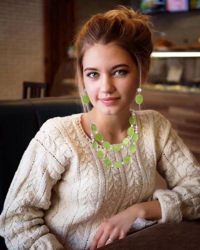 2 Layered Chunky Beaded Shell Necklace for Women Sea Shell blue/yellow/red/green/turquoise/teal/white Statement Necklace and Earring Set Elegant Women Necklace Set Jewelry Sets for Women - color: Green