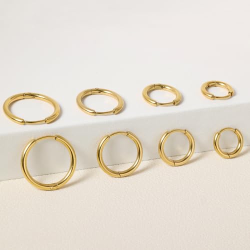 Dainty 6 Pairs Surgical Steel Earrings Sets for Multiple Piercing, Lightweight 14K Gold Plated Small Huggie Hoop Earrings, Flat Back Tiny Ball CZ Stud Earrings for Cartilage, Helix, Lobe, Hypoallergenic - style: 14K Gold Plated-6/8/10/12mm Hoop Earrings