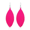 Large Genuine Soft leaf Leather Handmade Fringe Tassel Feather Lightweight Tear Drop Dangle Color Earrings for Women - color: Hot Pink