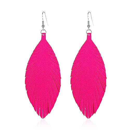 Large Genuine Soft leaf Leather Handmade Fringe Tassel Feather Lightweight Tear Drop Dangle Color Earrings for Women - color: Hot Pink