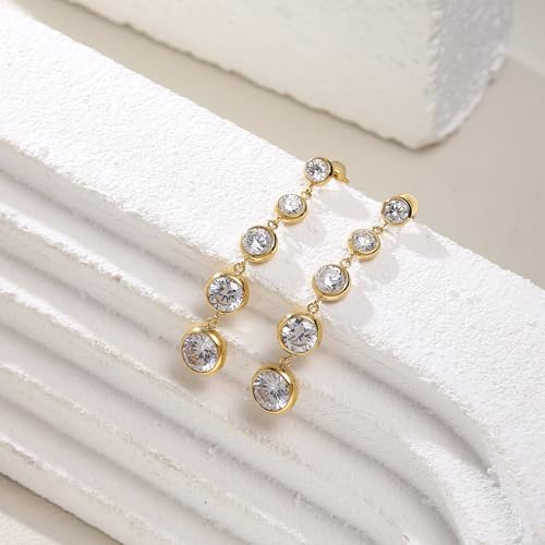 Women's Long Sparkly Dangle Earrings Hypoallergenic Stainless Steel 14K Gold Plated Lightweight CZ Statement Studs - color: Gold