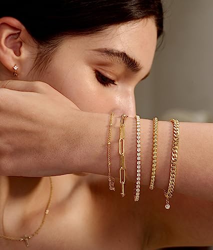 DEARMAY Sterling Silver Plated Bracelets Set for Women Waterproof, Non Tarnish Sterling Silver Link Chain Bracelets Pack Dainty, Fashion Jewelry Gifts for Everyday Comfortable - color: 5Pcs 14K Gold Plated Bracelets C