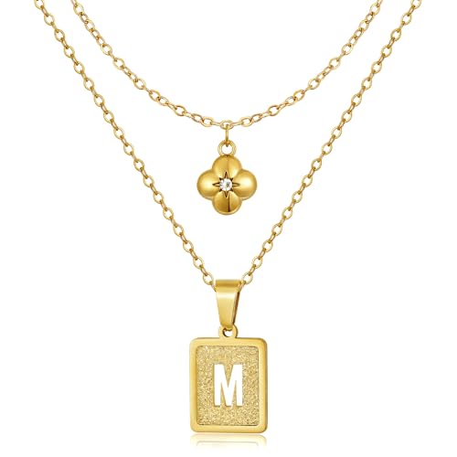 KELORIS PATH Layered Initial Necklaces for Women, 18K Gold Plated Stainless Steel Necklaces Set with Dainty Four Leaf Clover Square Cutout Letter Pendant, Fashion Jewelry for Gifts - style: M Letter