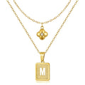 KELORIS PATH Layered Initial Necklaces for Women, 18K Gold Plated Stainless Steel Necklaces Set with Dainty Four Leaf Clover Square Cutout Letter Pendant, Fashion Jewelry for Gifts - style: M Letter