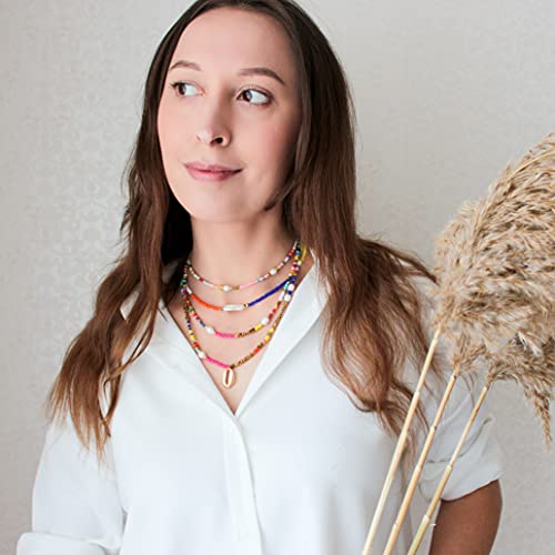 Wellike Freshwater Pearl Beaded Necklace for Women Handmade Boho Colorful Glass Beads Choker Necklace Stainless Steel 18K Gold Plated Bohemian Women Summer Jewelry Gifts - color: KKWX920AMZ