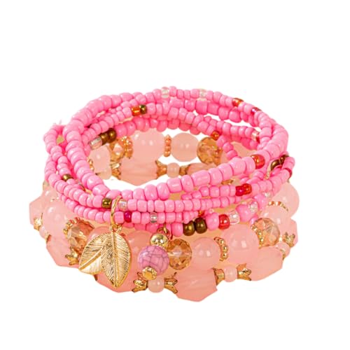 Caiyao 4Pcs Bohemia Multilayer Stackable Beaded Bracelets Set Colorful Crystal Stone Gold Beaded Stretch Bracelets Hawaii Charm Bracelet for Women Men Summer Beach Boho Vacation Jewelry Gifts - color: 7pcs pink