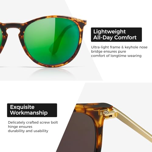 SUNGAIT Premium Vintage Round Sunglasses for Women Men Classic Retro Trendy Style - color: 15 Polarized Green Mirror Lens/Amber Frame(matte Finish)