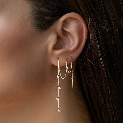 Pearl Earrings for Women, Gold Plated Huggie Hoop Drop Earrings | Hypoallergenic pearl hoop earrings designed for multiple piercings, cartilage styling and everyday wear - style: 3mm gold cz dangel earrings