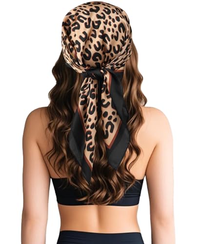 Sumolux Head Hair Scarf for Women Like Satin Silk Scarf Bandana Hair Wrapping Night Large Square Scarves 27.5" - color: Brown Leopard Print