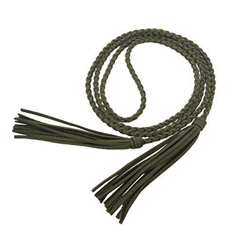 TeeYee Women Girls Braided Waist Tie Belt/Rope with Tassel Wrap Cloth Belts for Dress Pants - color: Dark Green, size: 63inch