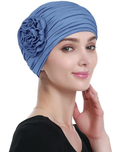 Alnorm Flower Design Chemo Hair Loss Caps Cancer Headwear for Women - color: Blue Fog