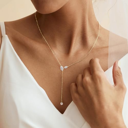 Gold Necklace for Women - Dainty Long Lariat Necklace 14K Gold Plated Clover Star Teardrop CZ Y Shaped Drop Necklaces Cute Long Necklaces for Women Trendy Prom Formal Womens Jewelry - color: Gold-PJ Drop