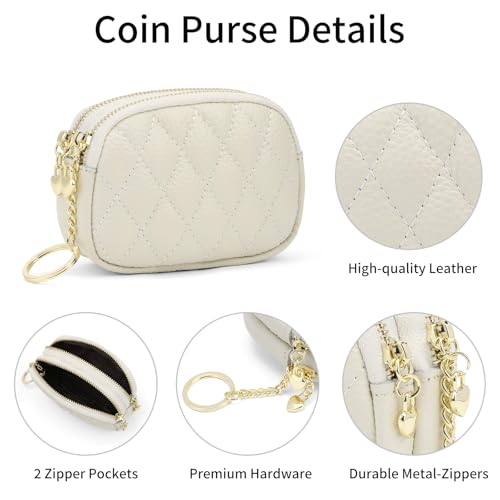 SENDEFN Women's Coin Purse Genuine Leather Wallet Small 2 Zippers Change Pouch Purse with Keychain Ring - color: 2-Beige