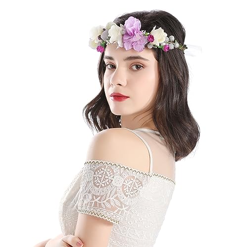 Vivivalue Floral Crown Headband Flower Headpiece Hair Wreath Floral Halo Boho with Ribbon Wedding Party Photos Prom Lavander - color: 75