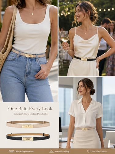 BEMYLV Skinny Belts for Women Dresses Turn-Lock Gold Buckle Adjustable Fashion Waist Belt for Pants Jeans Business Casual - color: Black+light Khaki
