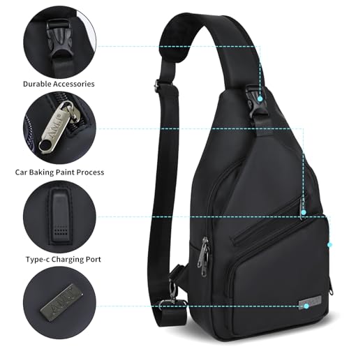AMJ Crossbody Sling Bag Men Women, Casual Shoulder Backpack, Chest Daypack Satchel for Hiking Travel - color: Black Leather, size: Small