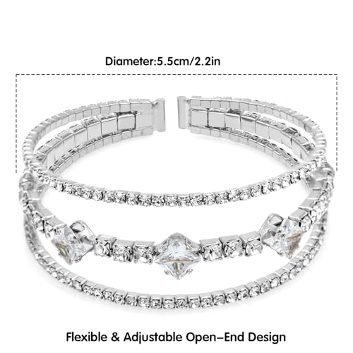 Women's Multi-Layer Rhinestone Cuff Bracelet Sparkling Crystal Tennis Bangle for Bridal Wedding Party - color: 1146 Silver