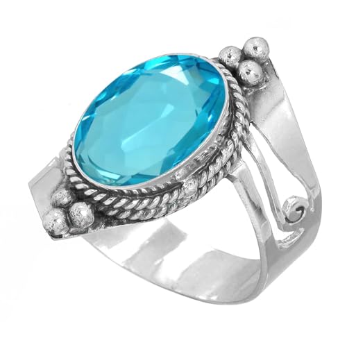 Handmade 925 Sterling Silver Plated Ring Natural Gemstone Carnelian, Rose Quartz, Tiger Eye, Crystal Oval Boho Jewelry For Women - color: Blue Quartz