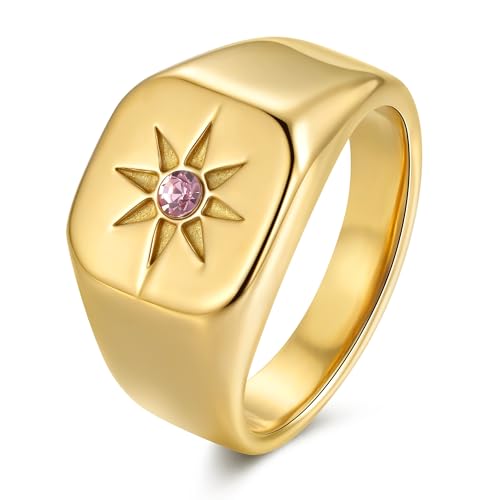 YeGieonr Non Tarnish Gold Rings for Women, Waterproof Gold Signet Ring, 18K Gold Plated Stackable Rings for Everyday Wear - color: Sqaure Pink