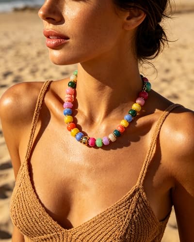 Chunky Beaded Statement Necklace for Women Trendy Colorful Boho Resin Bead Choker Necklaces Summer Handmade Jewelry Gifts Accessories - color: Gold-Colorful 1