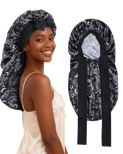 AWAYTR Long Satin Bonnet for Braids - Elastic Silk Hair Bonnets for Sleeping Night Cap Stretchy Tie Band for Women(Star and Moon) - color: Star and Moon