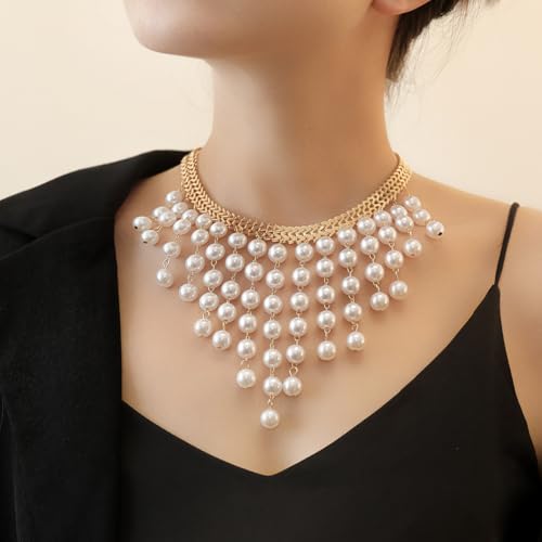 Chunky Gold Pearl Tassel Necklace Layered Pearls Cluster Beaded Choker Necklace Pearls Sweater Chain Statement Necklaces Fashion Jewelry Accessories for Women