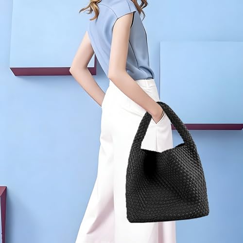 Woven Tote Bag For Women, Large Vegan Leather Travel Handbag, Casual Work Shoulder Bag, Underarm Commuter Hobo Bag With Purse - color: Black