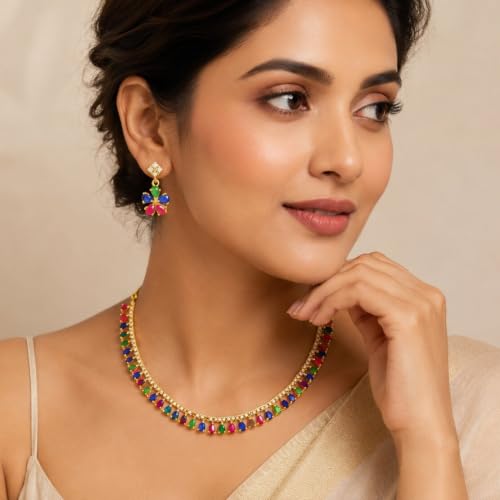 JewarHaat Indian Bollywood Necklace Set AD CZ Elegant Gold Plated Multi Stones Sparkling Crystals Choker with Earrings Fashion Jewellery for Women & Girls - color: Multicolor
