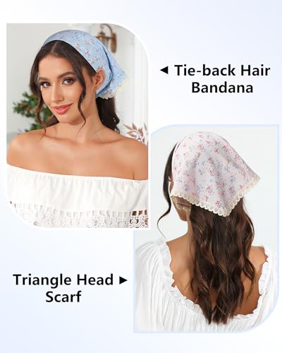 AWAYTR 3Pcs Hair Bandanas Head Kerchief for Women Girls Tie-Back Boho Hair Scarf Headband Bandana Triangle Head Scarf - color: Flower - White / Pink / Blue