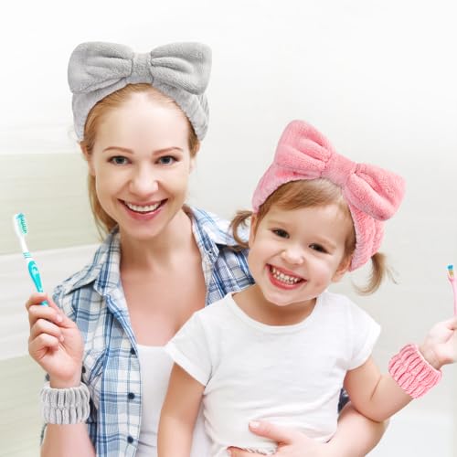 Dorbetar 6Pack Headband and Wristband Set for Washing Face, Spa Skincare Makeup Headband, Soft Puffy Hair Band Bow Tie, for Women and Teen Girl Trendy Stuff Gifts - color: light gray+Bean Pink