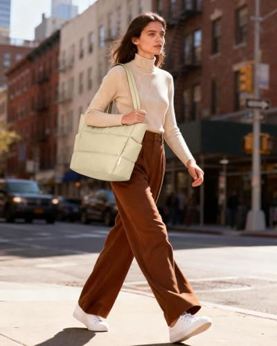 HOTOR Puffer Tote Bag for Women, Nurses - Multi-Pocket Lightweight Bag for Work - Quilted Handbag for Travel and Gym - color: Beige, size: 18.1" × 6.3" × 11.8"