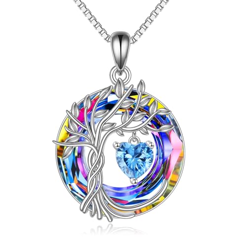 POPLYKE Mothers Day Gifts for Mom Her Wife Tree of Life Necklace 925 Sterling Silver Birthstone Pendant with Crystal Anniversary Birthday Wedding Jewelry for Women - color: 12-Dec-Blue Topaz, style: White Gold Plated-Volcano Crystal