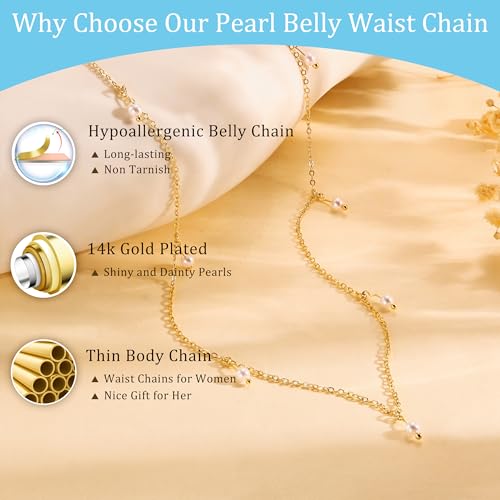 CHESKY 14K Gold Plated Silver Plated Waist Chain for Women, Layered Belly Belt Chains Beach Waist Beads Chain Waterproof Snake Cuban Body Chain Summer Jewelry Accessories for Women - style: pearl-gd