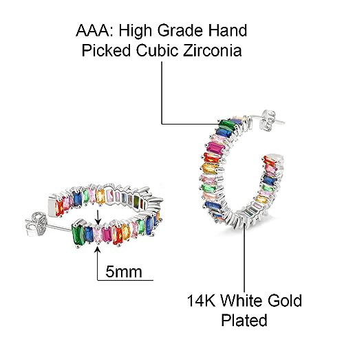 Savlano 14K Gold Plated Cubic Zirconia Multicolor Rainbow Round Hoop Stud Earrings for Women Comes with a Gift Box - color: White Gold