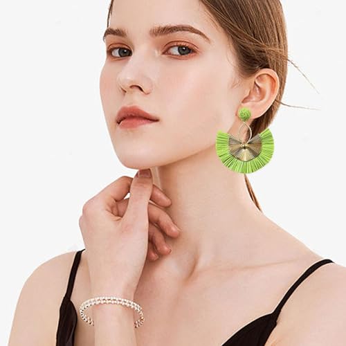 Anmpab Straw Fan Bohemian Tassel Earrings for Women Trendy Colorful Fringe Summer Beach Statement Earrings - color: Green