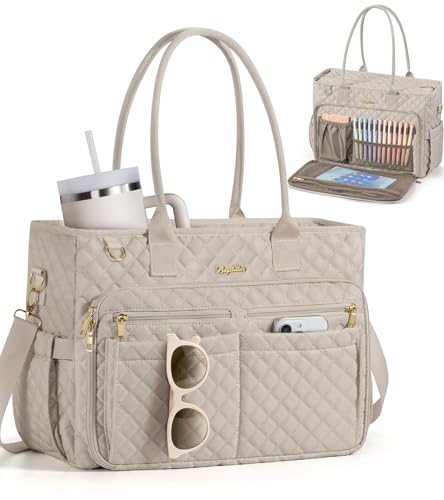 Bagstellar Teacher Bags for Women, 15.6 inch Laptop Work Tote Bag Quilted Nurse Bible Computer Shoulder Bag for School Travel | Dream Tote Work Bag - color: Taupe