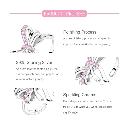 PARCOM Adjustable Women Stackable Ring, 925 Sterling Silver Open Rings - Trendy Eternity Cubic Zirconia Stackable Band Engagement Promise Ring for Her, Hypoallergenic Non Tarnish Nature Bird Floral Thumb Rings - color: Pink Bow