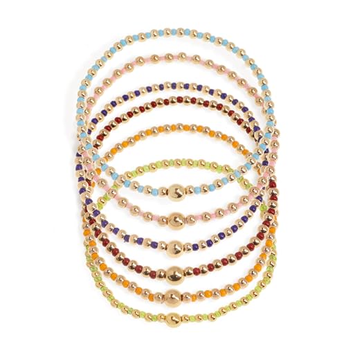 Gold Beaded Stackable Friendship Bracelets Set for Women, Handmade Boho Stretch Summer Jewelry Gift. - color: 0903S