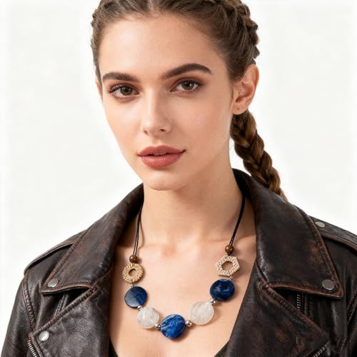 Chunky Acrylic Beaded Necklace for Women Colorful Acrylic Beaded Choker Round Beads Statement Necklace Fashion Jewelry - color: Blue