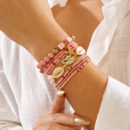 Boho Summer Bracelets for Women, Layered Beach Bracelets Set with Starfish Shell Pearl Charms, Colorful Beaded Bohemian Stackable Jewelry, Elastic Vacation Accessories Summer Outfit Jewelry - color: A2：Pink Bracelet